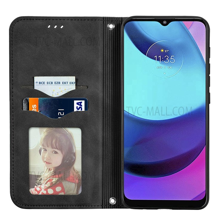 Auto-closing Phone Protection Shell Retro Style Skin-Touch Surface TPU+PU Leather Flip Phone Case with Supporting Stand Card Slots for Motorola Moto E20 - Black-8