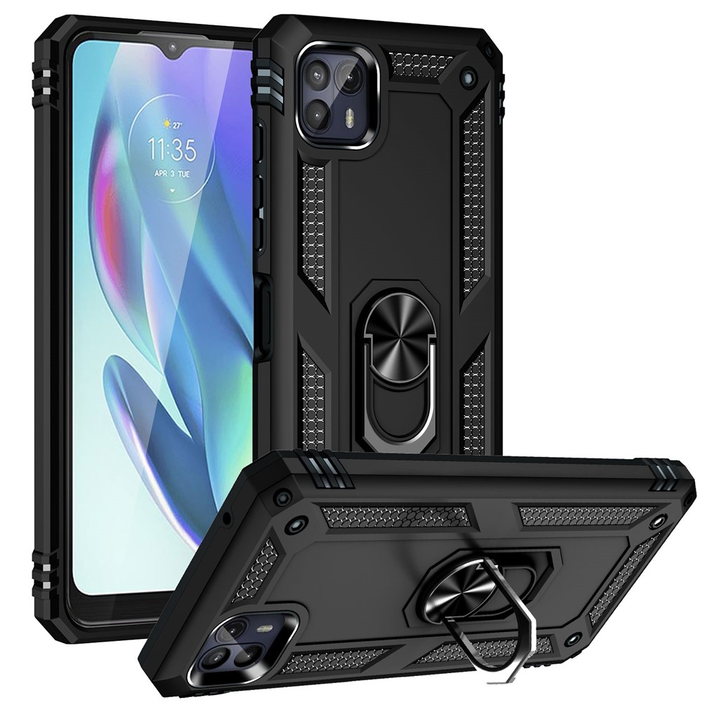 Anti-Drop Hard PC Soft TPU Shockproof Protective Case with Ring Kickstand Work with Magnetic Car Mount for Motorola Moto G50 5G - Black-1