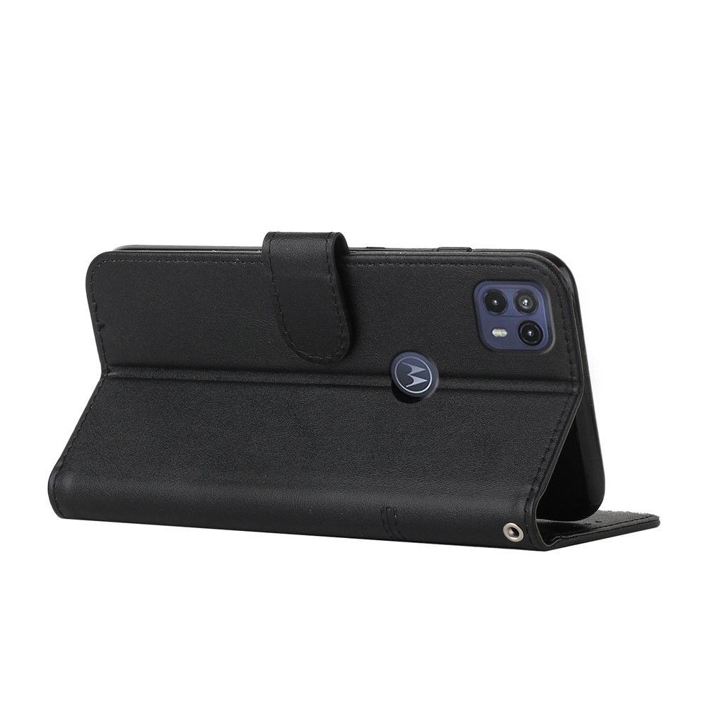 Fall Protection Viewing Stand Splicing Leather Wallet Shell Phone Cover with Strap for Motorola Moto G50 5G - Black-7
