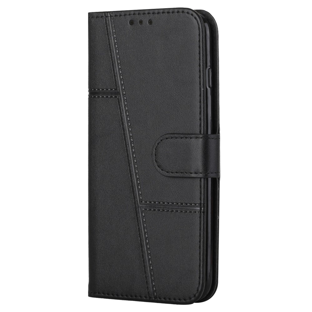 Fall Protection Viewing Stand Splicing Leather Wallet Shell Phone Cover with Strap for Motorola Moto G50 5G - Black-9