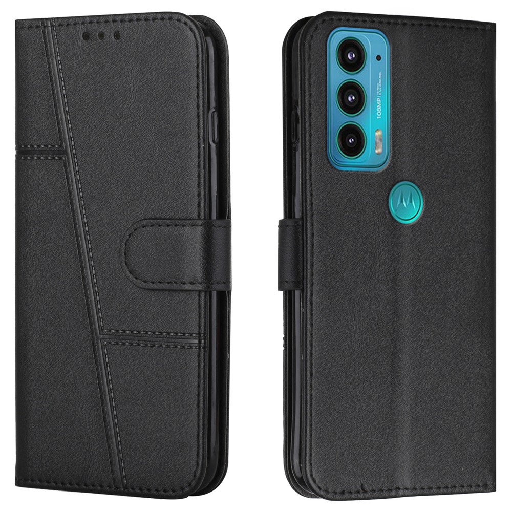 Scratch-resistant Stand Wallet Phone Cover Splicing Leather Case Shell with Strap for Motorola Edge 20 - Black-1