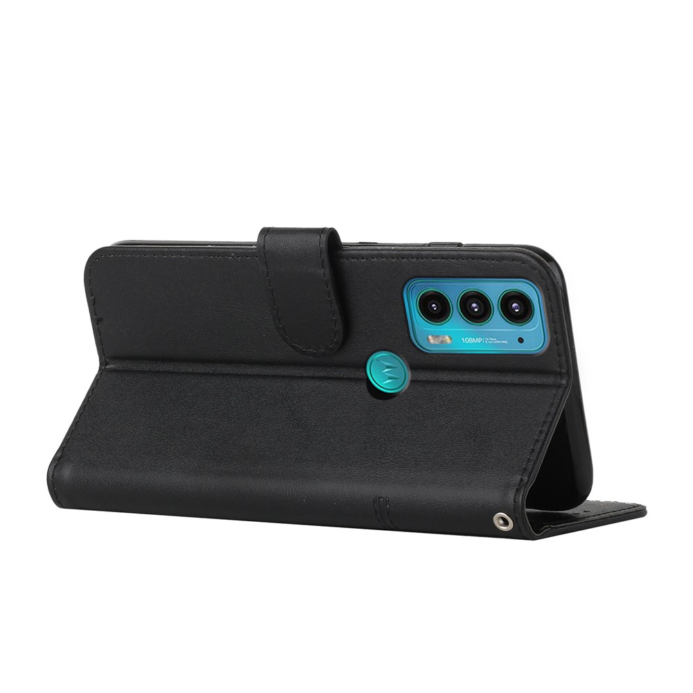 Scratch-resistant Stand Wallet Phone Cover Splicing Leather Case Shell with Strap for Motorola Edge 20 - Black-7
