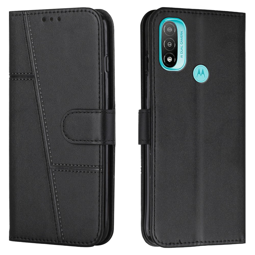PU Leather Stand Shock Absorption Phone Case Wallet Protective Cover with Hand Strap for Motorola Moto E20/E30/E40 - Black-1