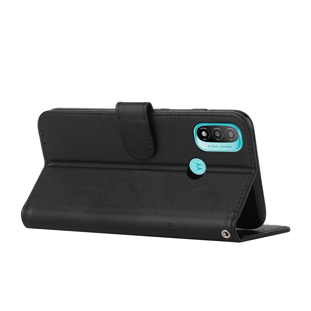 PU Leather Stand Shock Absorption Phone Case Wallet Protective Cover with Hand Strap for Motorola Moto E20/E30/E40 - Black-7