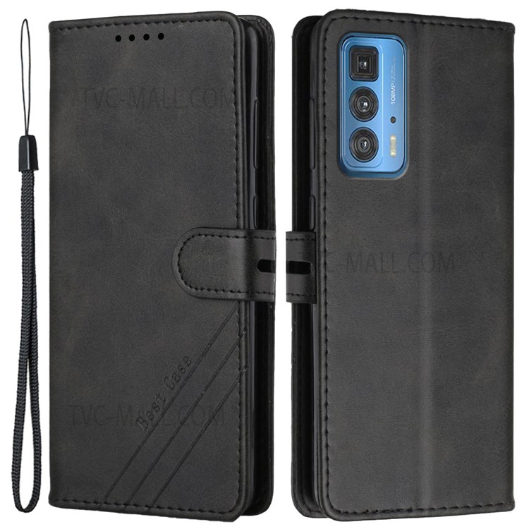 Solid Color PU Leather Wallet Stand Case Shockproof TPU Inner Shell Phone Cover with Strap for Motorola Edge 20 Pro - Black-1