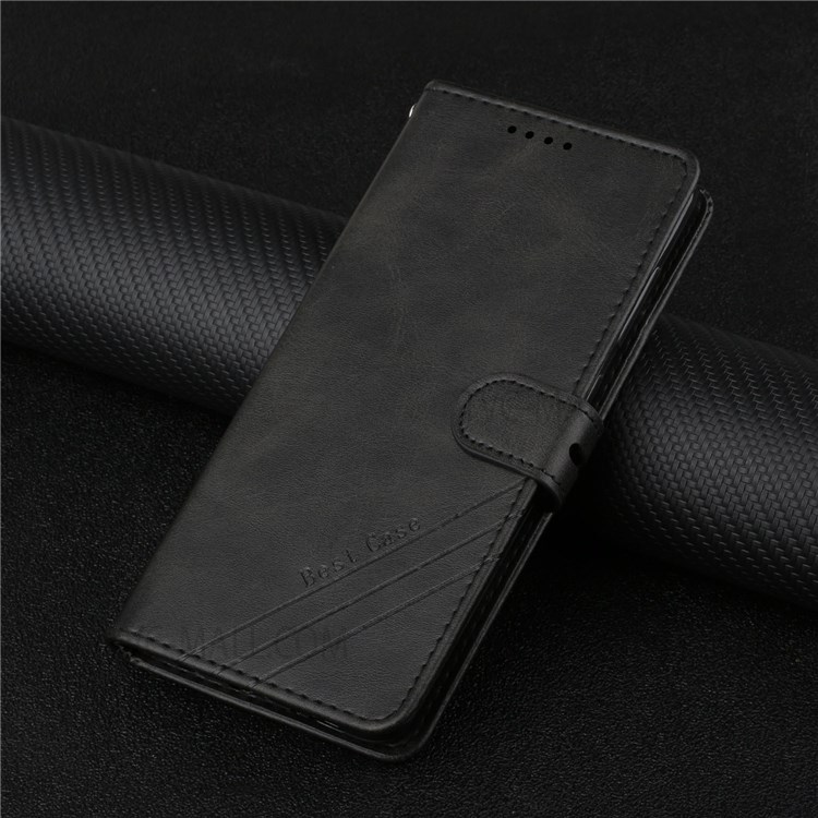 Solid Color PU Leather Wallet Stand Case Shockproof TPU Inner Shell Phone Cover with Strap for Motorola Edge 20 Pro - Black-10