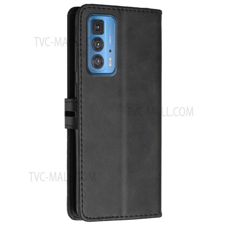 Solid Color PU Leather Wallet Stand Case Shockproof TPU Inner Shell Phone Cover with Strap for Motorola Edge 20 Pro - Black-3