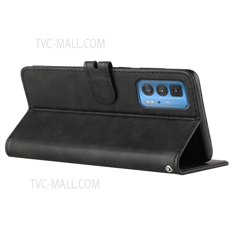 Solid Color PU Leather Wallet Stand Case Shockproof TPU Inner Shell Phone Cover with Strap for Motorola Edge 20 Pro - Black-4