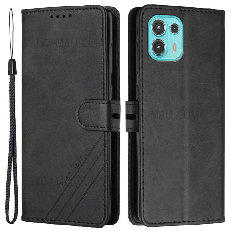 Solid Color PU Leather Flip Phone Case Wallet Stand Full Body Protective Cover with Strap for Motorola Edge 20 Lite / Edge 20 Fusion - Black-1