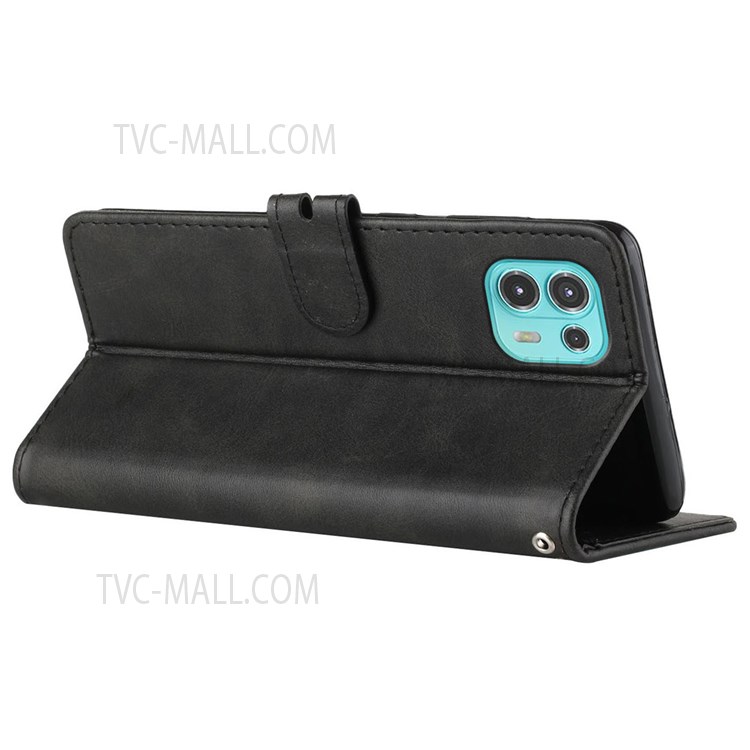 Solid Color PU Leather Flip Phone Case Wallet Stand Full Body Protective Cover with Strap for Motorola Edge 20 Lite / Edge 20 Fusion - Black-4