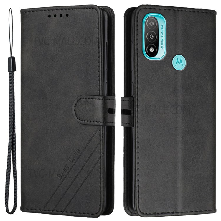 Stand Function Solid Color PU Leather Case Magnetic Closure Flip Wallet Phone Cover with Strap for Motorola Moto E20 / Moto E30 / Moto E40 - Black-1
