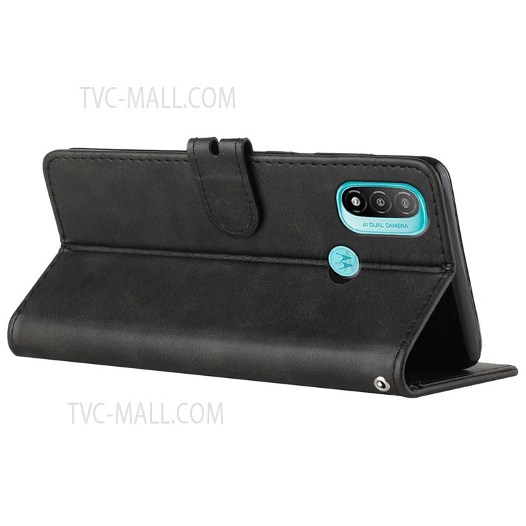 Stand Function Solid Color PU Leather Case Magnetic Closure Flip Wallet Phone Cover with Strap for Motorola Moto E20 / Moto E30 / Moto E40 - Black-4
