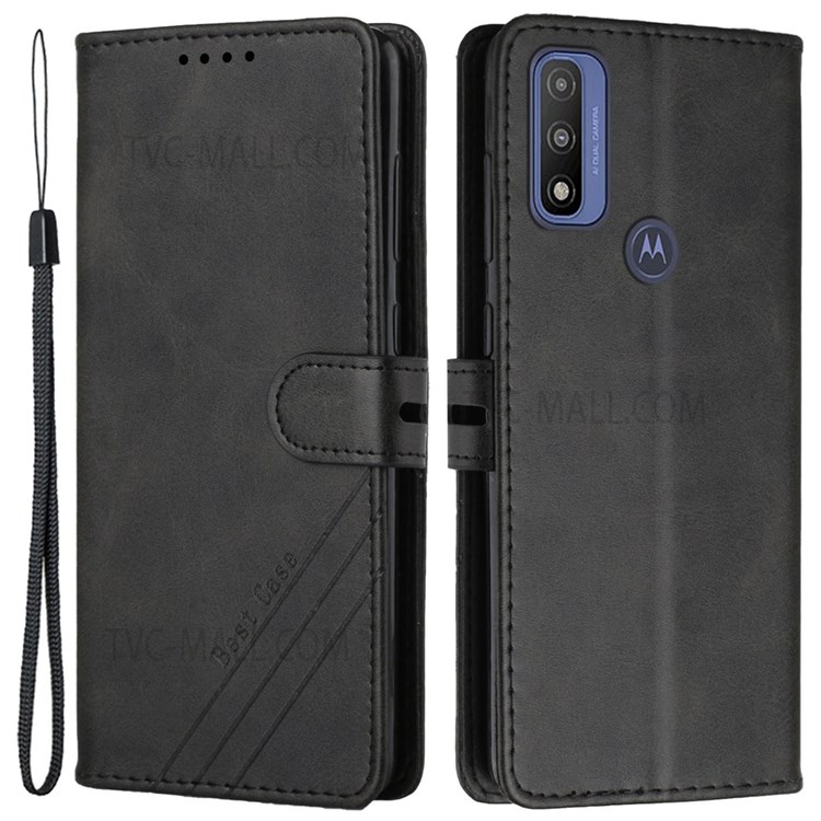 Solid Color PU Leather Wallet Case Stand Shockproof Flip Protective Cover with Hand Strap for Motorola G Pure - Black-1