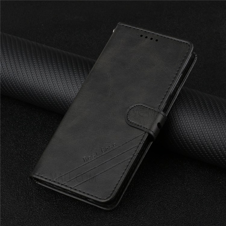 Solid Color PU Leather Wallet Case Stand Shockproof Flip Protective Cover with Hand Strap for Motorola G Pure - Black-10