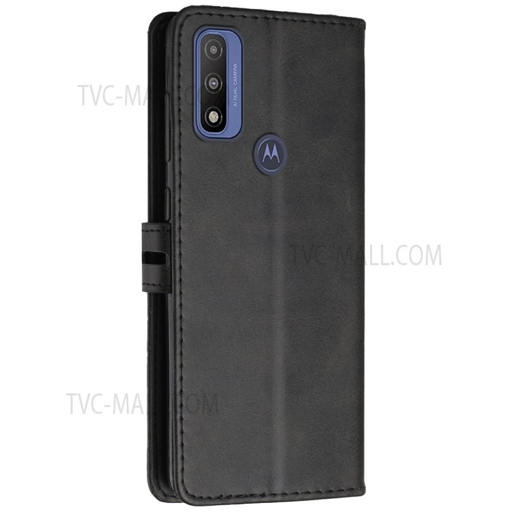 Solid Color PU Leather Wallet Case Stand Shockproof Flip Protective Cover with Hand Strap for Motorola G Pure - Black-3