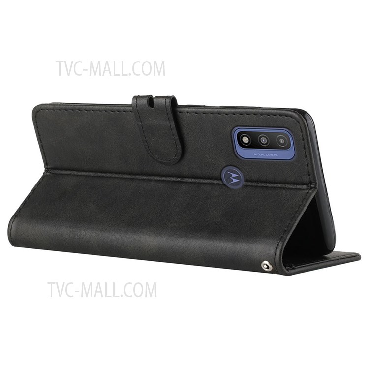 Solid Color PU Leather Wallet Case Stand Shockproof Flip Protective Cover with Hand Strap for Motorola G Pure - Black-4