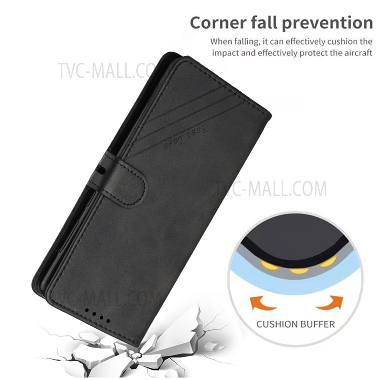 Solid Color PU Leather Wallet Case Stand Shockproof Flip Protective Cover with Hand Strap for Motorola G Pure - Black-9