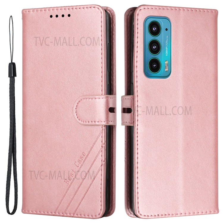 Scratch-resistant PU Leather Phone Cover Shell Business Style Lines Imprinting Decor Phone Wallet Case with Stand for Motorola Edge 20 - Rose Gold-1
