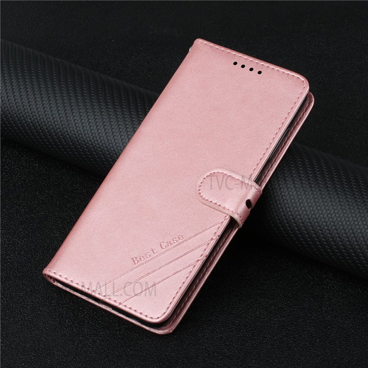 Scratch-resistant PU Leather Phone Cover Shell Business Style Lines Imprinting Decor Phone Wallet Case with Stand for Motorola Edge 20 - Rose Gold-10