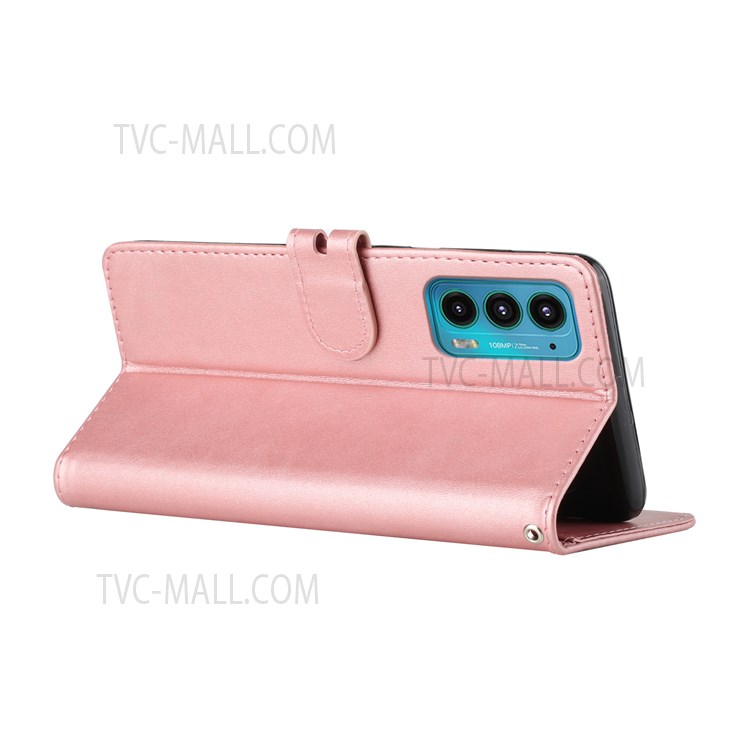 Scratch-resistant PU Leather Phone Cover Shell Business Style Lines Imprinting Decor Phone Wallet Case with Stand for Motorola Edge 20 - Rose Gold-4