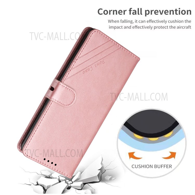 Scratch-resistant PU Leather Phone Cover Shell Business Style Lines Imprinting Decor Phone Wallet Case with Stand for Motorola Edge 20 - Rose Gold-6