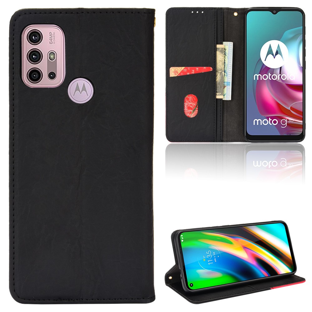 Color Splicing Auto-absorbed Magnet Leather Cover Phone Case with Stand Wallet for Motorola Moto G10/G20/G30/G10 Power - Black-9