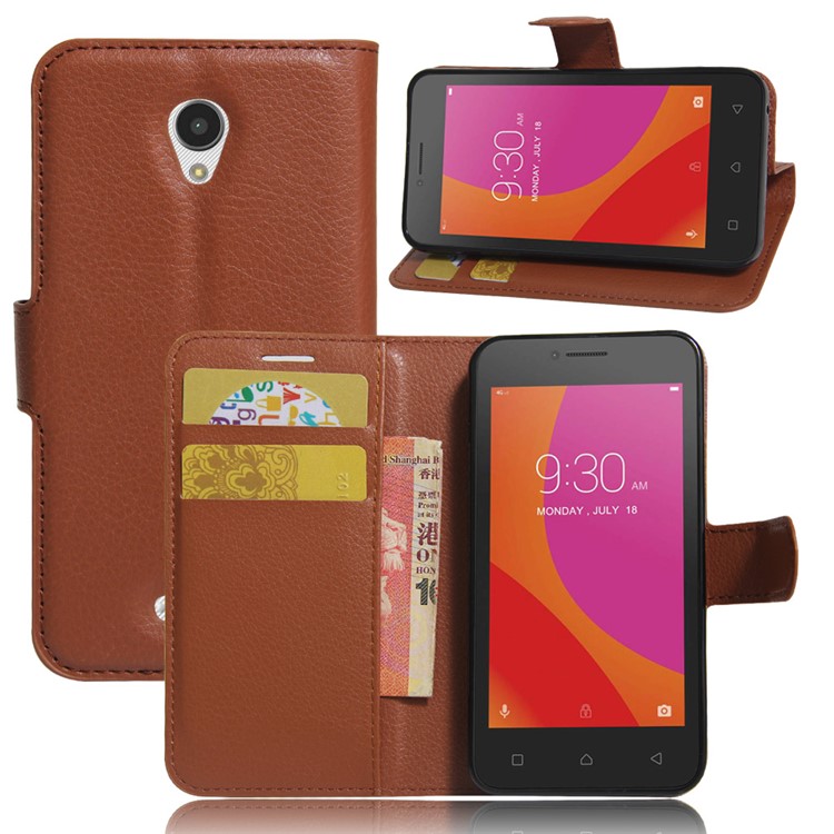 Litchi Grain Leather Stand Case with Card Slots for Lenovo A Plus A1010 - Brown-1