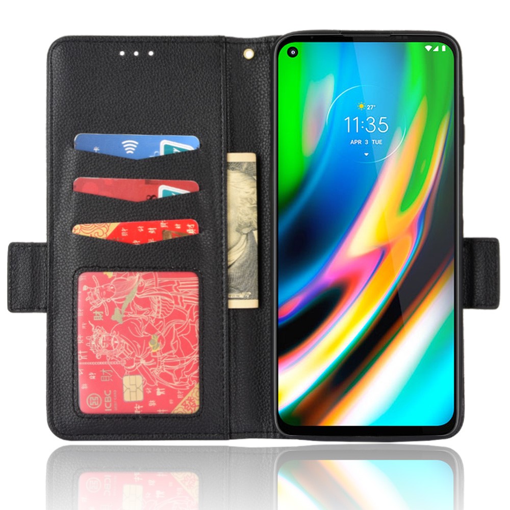 For Motorola Moto G9 Plus Anti-fingerprint PU Leather Surface Magnetic Smartphone Shell Litchi Texture Stand Wallet Case Mobile Phone Cover - Black-4