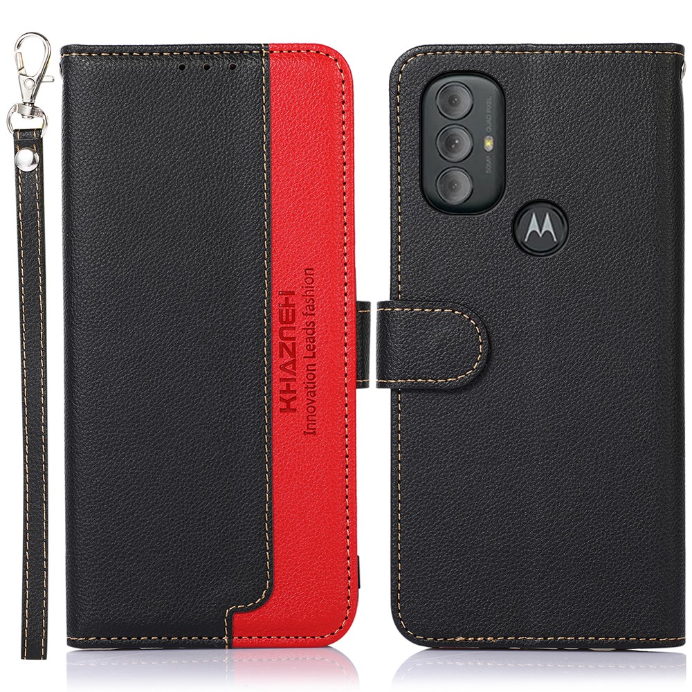 KHAZNEH RFID Blocking Litchi Texture PU Leather Case Wallet Phone Stand Case with Carrying Strap for Motorola Moto G Power (2022) - Black-1