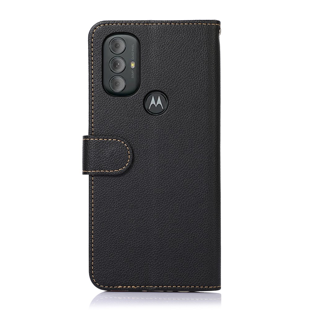 KHAZNEH RFID Blocking Litchi Texture PU Leather Case Wallet Phone Stand Case with Carrying Strap for Motorola Moto G Power (2022) - Black-3