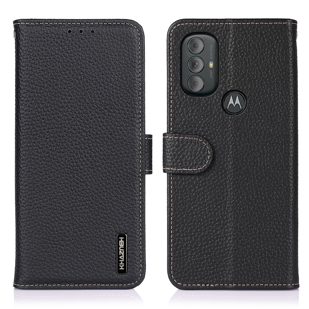 KHAZNEH Genuine Leather Litchi Texture Magnetic Clasp Cover Stand Wallet Phone Case for Motorola Moto G Power (2022) - Black-1