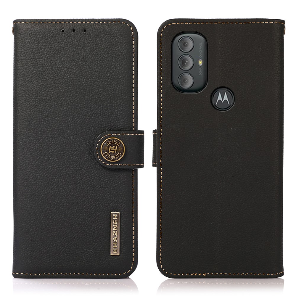 KHAZNEH RFID Blocking Genuine Leather Full Protection Phone Stand Case Wallet Cover for Motorola Moto G Power (2022) - Black-1