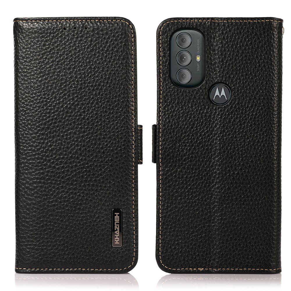 KHAZNEH Litchi Texture Genuine Leather Wallet Cover RFID Blocking Stand Phone Case for Motorola Moto G Power (2022) - Black-1