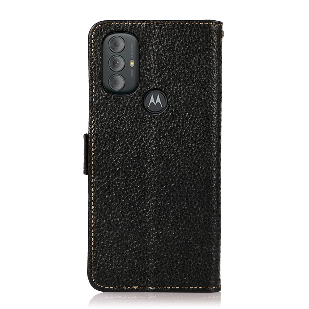 KHAZNEH Litchi Texture Genuine Leather Wallet Cover RFID Blocking Stand Phone Case for Motorola Moto G Power (2022) - Black-3