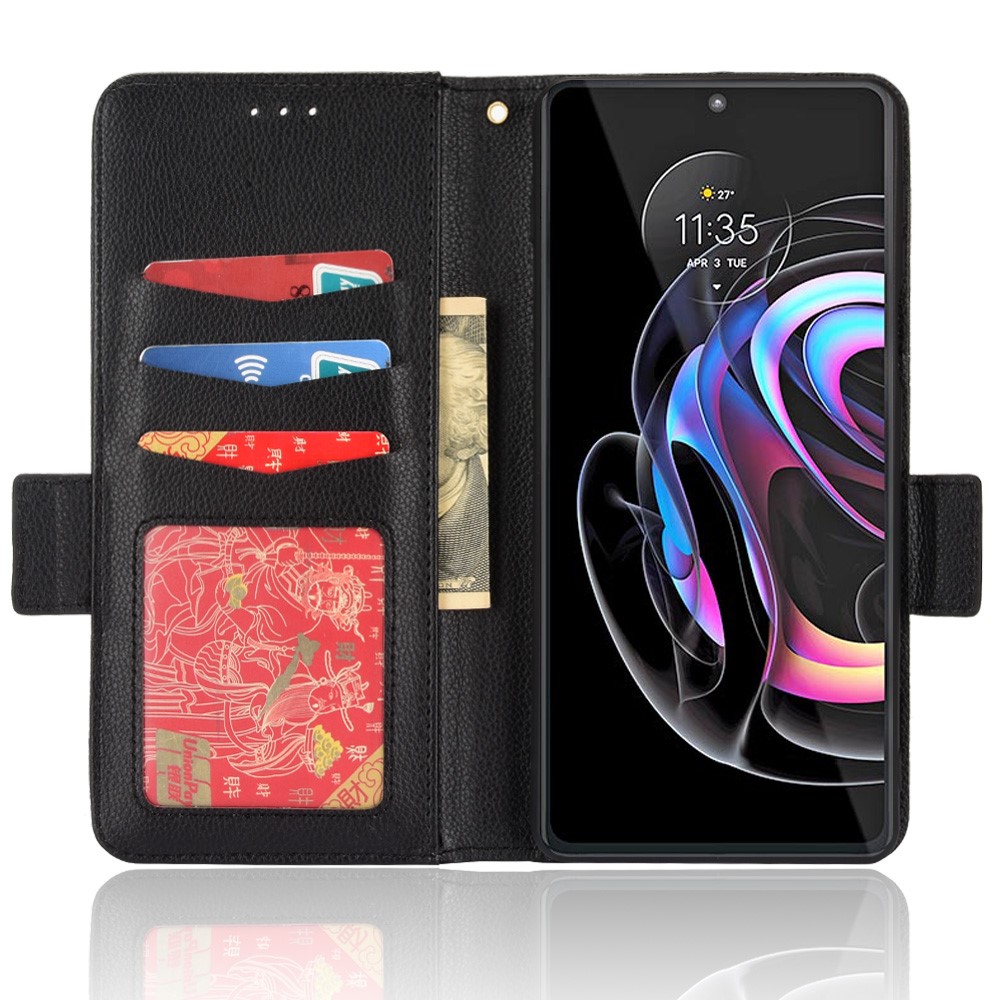 Drop Protection Litchi Texture PU Leather Phone Cover Horizontal Stand Wallet Case for Motorola Edge 20 Pro/Edge S Pro - Black-4