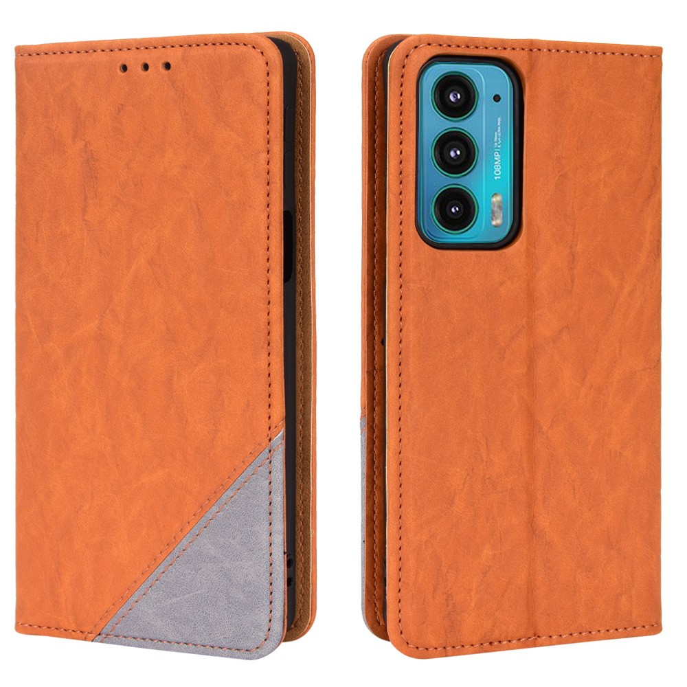 Magnetic Auto-absorbed Bi-color Splicing Shockproof PU Leather Phone Protective Cover Wallet Stand Case for Motorola Edge 20 - Brown-1