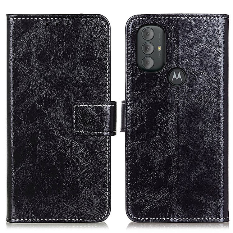 Full Protection Vintage Style Crazy Horse Texture Leather Case Stand TPU Inner Wallet Phone Cover for Motorola Moto G Power (2022) - Black-1