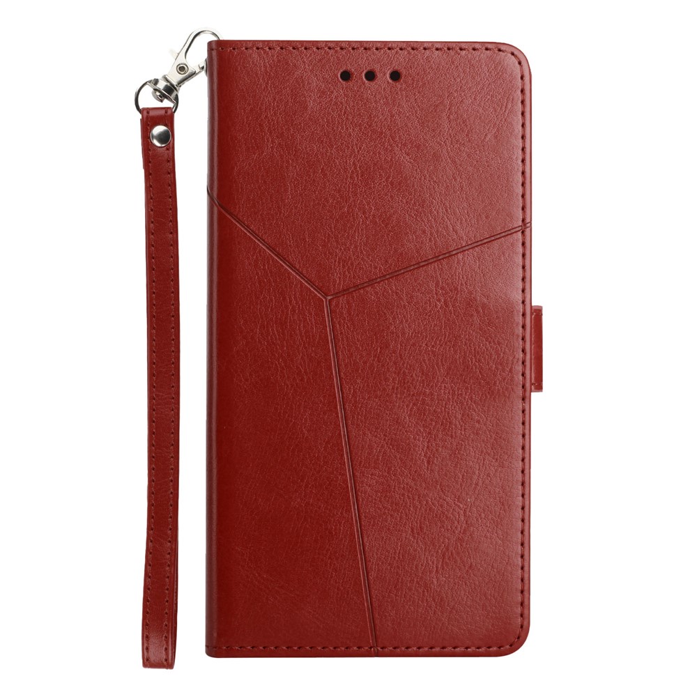 Fashionable Mobile Phone Cover Imprinted Y-shaped Lines Handy Strap Magnetic PU Leather Stand Wallet Case for Motorola Moto G51 5G - Brown-2