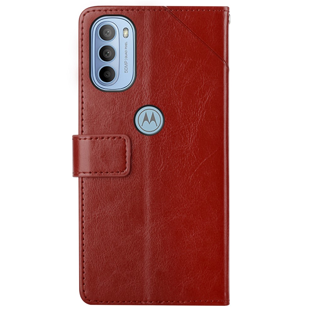 Fashionable Mobile Phone Cover Imprinted Y-shaped Lines Handy Strap Magnetic PU Leather Stand Wallet Case for Motorola Moto G51 5G - Brown-3