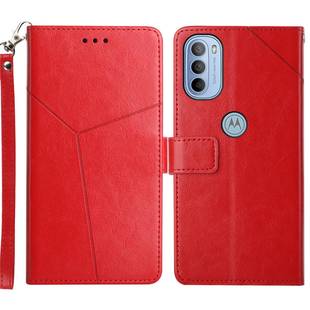 Fashionable Mobile Phone Cover Imprinted Y-shaped Lines Handy Strap Magnetic PU Leather Stand Wallet Case for Motorola Moto G51 5G - Red-1
