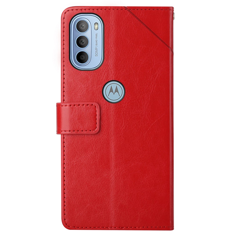 Fashionable Mobile Phone Cover Imprinted Y-shaped Lines Handy Strap Magnetic PU Leather Stand Wallet Case for Motorola Moto G51 5G - Red-3