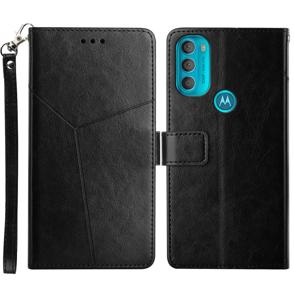 Stylish Mobile Phone Cover Y-shaped Lines Imprinted Handy Strap Magnetic PU Leather Stand Wallet Case for Motorola Moto G71 5G - Black-1