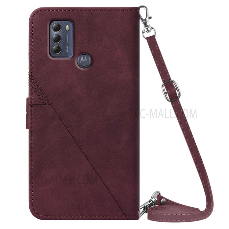 PB2-1 Series Long Lanyard PU Leather Case Imprinting Lines Shockproof Wallet Phone Cover with Stand for Motorola Moto G50 - Wine Red-3