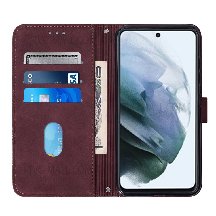 PB2-1 Series Long Lanyard PU Leather Case Imprinting Lines Shockproof Wallet Phone Cover with Stand for Motorola Moto G50 - Wine Red-4