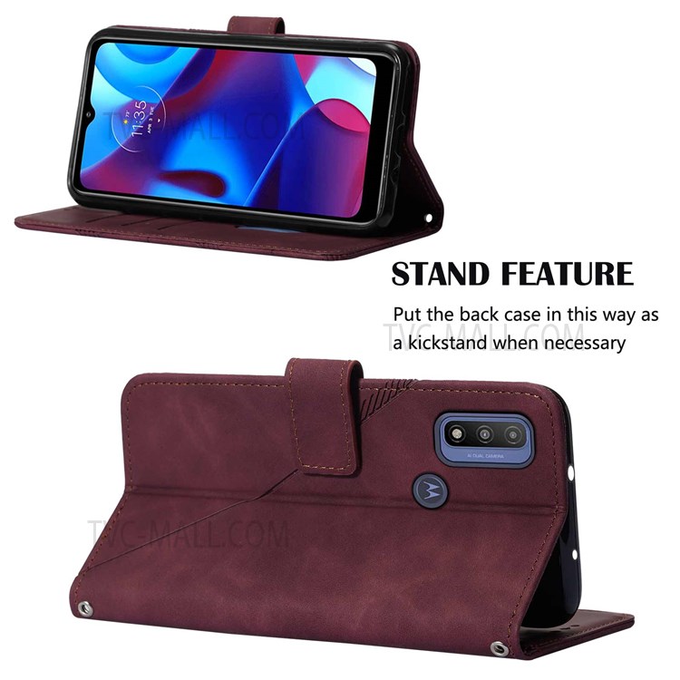 PB2-1 Series Long Lanyard PU Leather Case Imprinting Lines Shockproof Wallet Phone Cover with Stand for Motorola Moto G50 - Wine Red-5