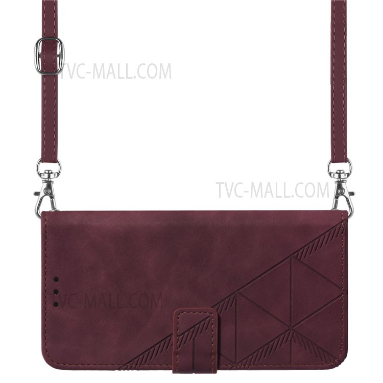 PB2-1 Series Long Lanyard PU Leather Case Imprinting Lines Shockproof Wallet Phone Cover with Stand for Motorola Moto G50 - Wine Red-7
