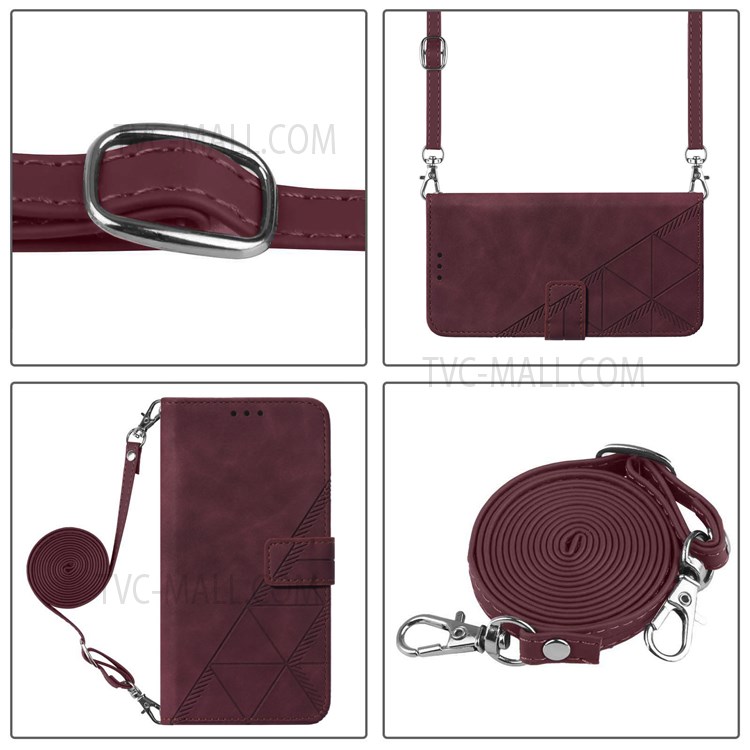 PB2-1 Series Long Lanyard PU Leather Case Imprinting Lines Shockproof Wallet Phone Cover with Stand for Motorola Moto G50 - Wine Red-8