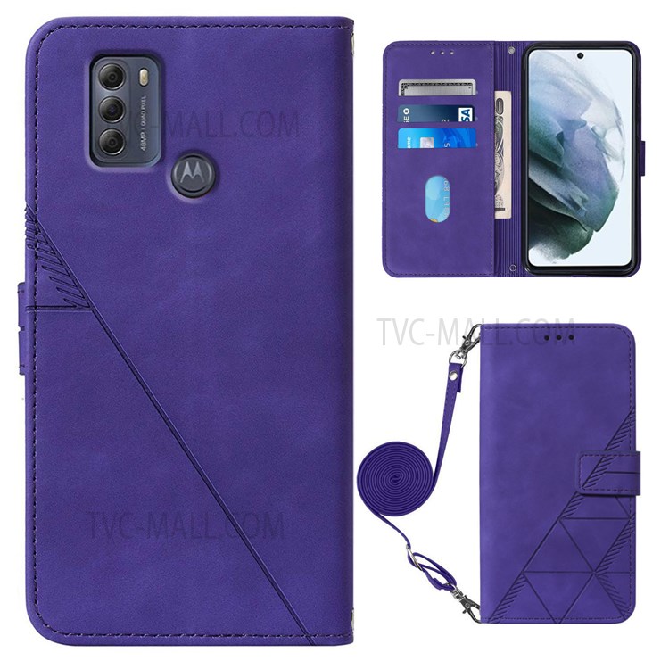 PB2-1 Series Imprinting Lines PU Leather Long Lanyard Dual-sided Magnetic Clasp Wallet Phone Case with Stand for Motorola G Pure - Purple-1