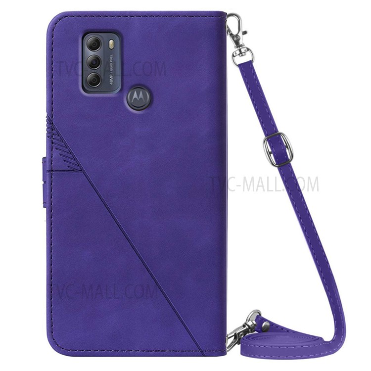 PB2-1 Series Imprinting Lines PU Leather Long Lanyard Dual-sided Magnetic Clasp Wallet Phone Case with Stand for Motorola G Pure - Purple-3