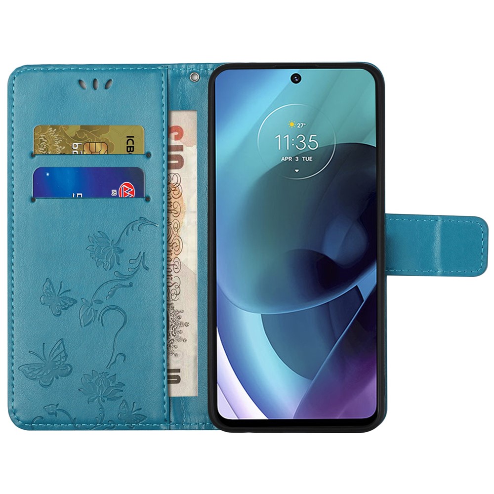Imprinted Butterflies Flower Anti-fall PU Leather Wallet Function Phone Case Stand Shell for Motorola Moto G51 5G - Blue-5